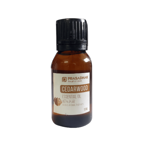 Prasadhak Cedarwood Essential Oil bottle - 100% pure oil for aromatherapy