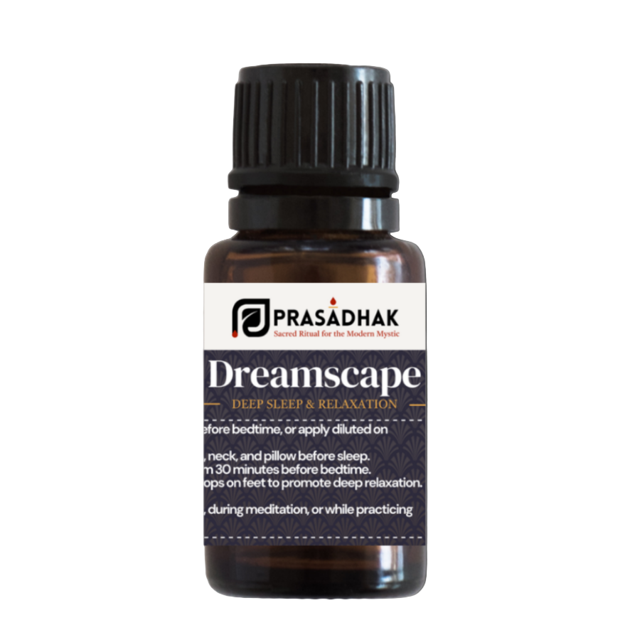 Prasadhak Dreamscape Essential Oil Blend bottle - lavender, cedarwood, frankincense, ylang ylang
