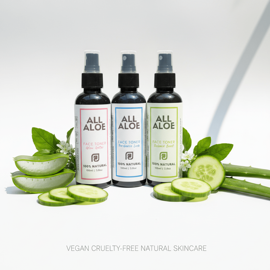Three bottles of prasadhak ALL ALOE Face Toner in different flavors (Alcohol Free, Lemon Lime, and Mint) arranged on a white background with fresh aloe vera slices, cucumber slices, and green leaves. The text 'VEGAN CRUELTY-FREE NATURAL SKINCARE' is written at the bottom.