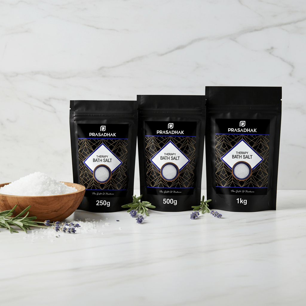 Three black stand-up pouches of Prasadhak Premium Bath Salt in 250g, 500g, and 1kg sizes, arranged on a white marble surface with a wooden bowl of epsom salt and rosemary sprigs in the foreground.