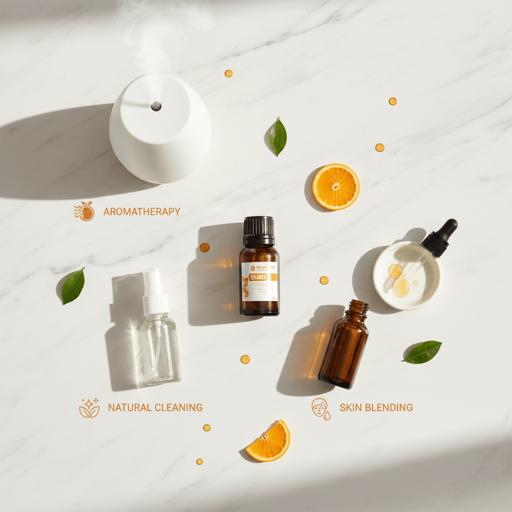 A styled flat-lay of skincare and aromatherapy products on a white marble background with decorative leaves, orange slices, and text labels reading 'AROMATHERAPY', 'NATURAL CLEANING', and 'SKIN BLENDING'. Visible products include a white diffuser, a clear spray bottle, amber Prasadhak ORANGE essential oil bottles, and a dropper bowl.