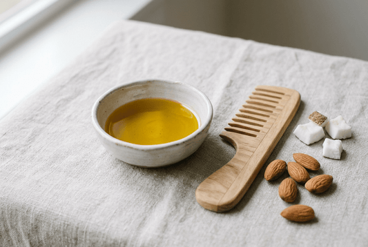 Carrier oils for hair illustration: a bowl of golden oil, wooden comb, almonds and coconut pieces on pale linen.
