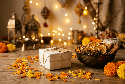 Diwali gift wrapped in cream paper beside dried orange slices, cinnamon, star anise and marigold flowers under warm festive lights.