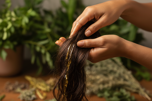 Woman massaging natural DIY hair growth oil into dark Indian hair with botanical herbs in background | Prasadhak