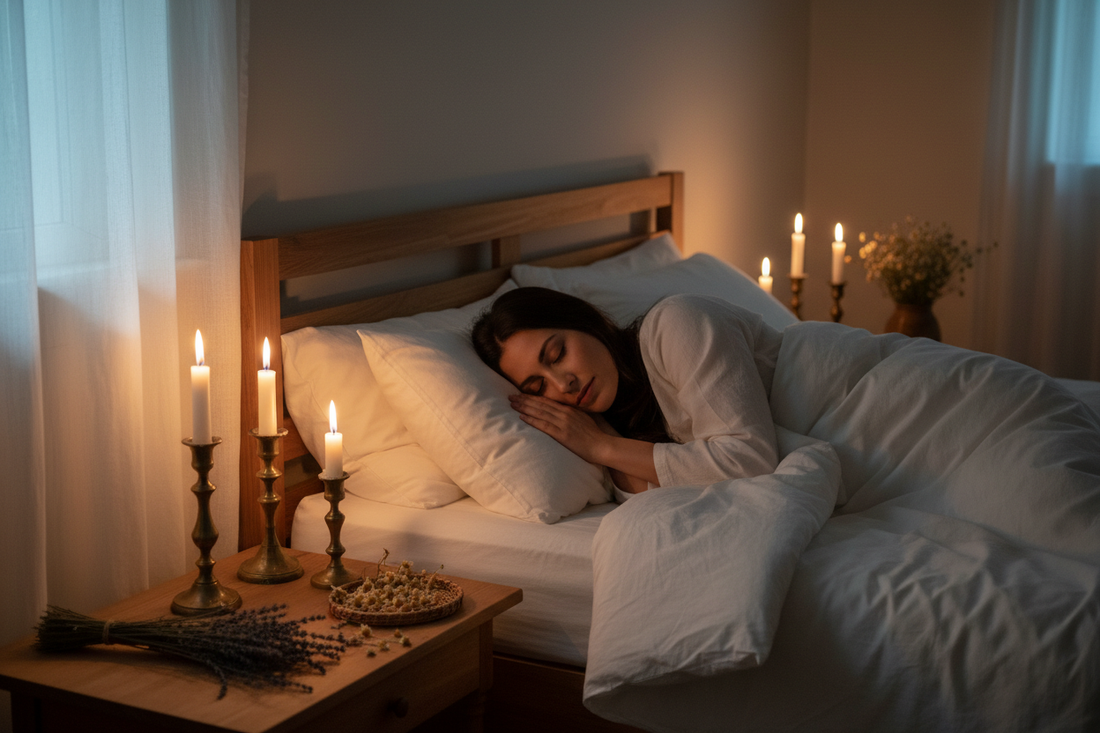 Serene bedroom at night with lavender sprigs and candlelight — essential oils for deep sleep | Prasadhak