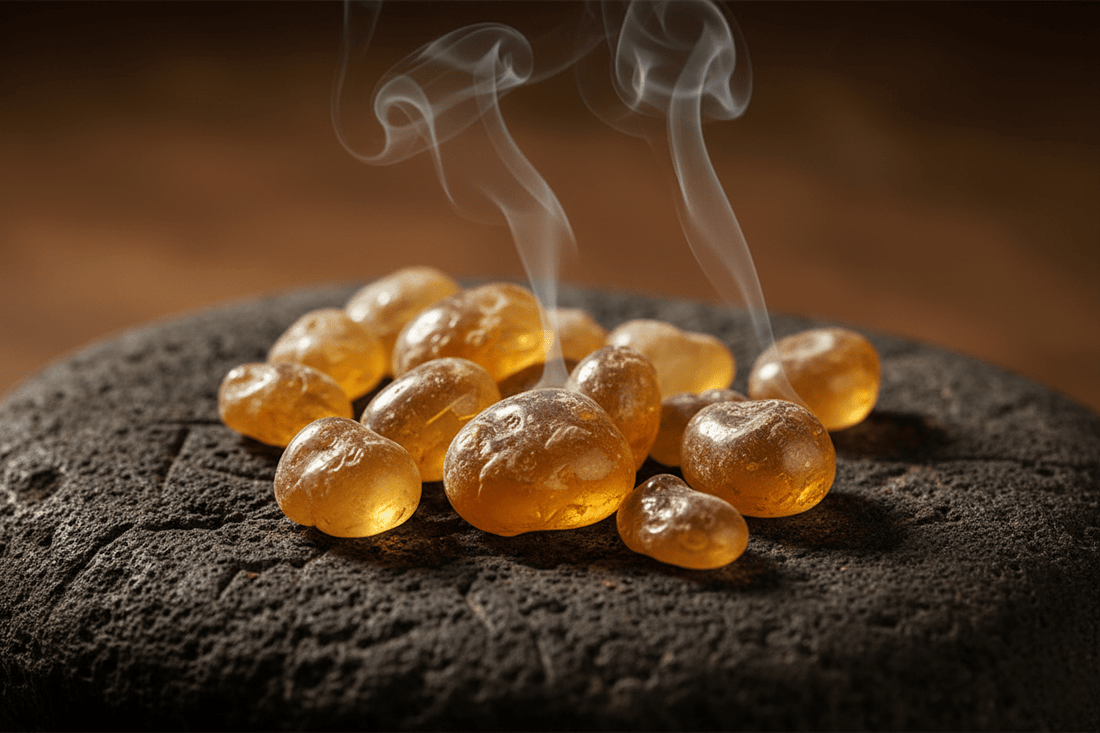 Golden frankincense resin tears with sacred smoke on ancient stone — Boswellia wellness | Prasadhak