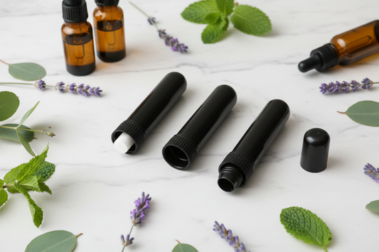 Prasadhak black aromatherapy nasal inhaler tubes with essential oil bottles and botanicals – DIY essential oil inhaler blends for sleep, focus and cold relief India