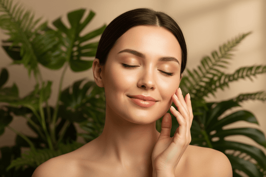 Woman with glowing healthy skin touching her face gently — oil cleansing method for natural skincare | Prasadhak