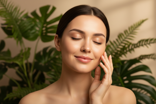 Woman with glowing healthy skin touching her face gently — oil cleansing method for natural skincare | Prasadhak