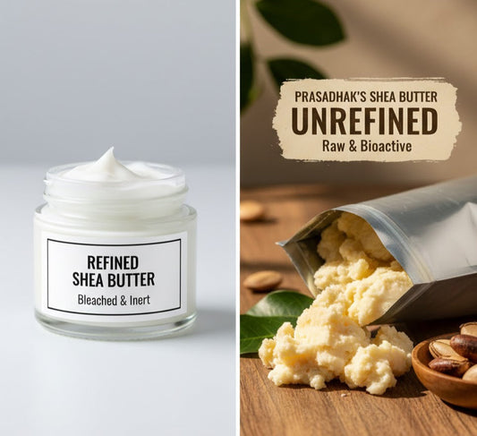 Comparison of refined white shea butter vs Prasadhak unrefined raw shea butter pouch for organic skincare India