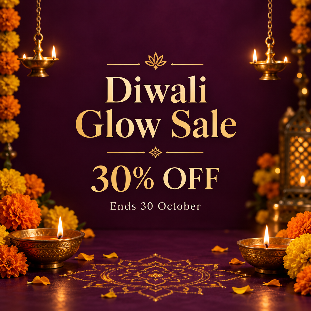 Diwali Glow Sale, 30% off through 30 October, with festive diyas and marigolds
