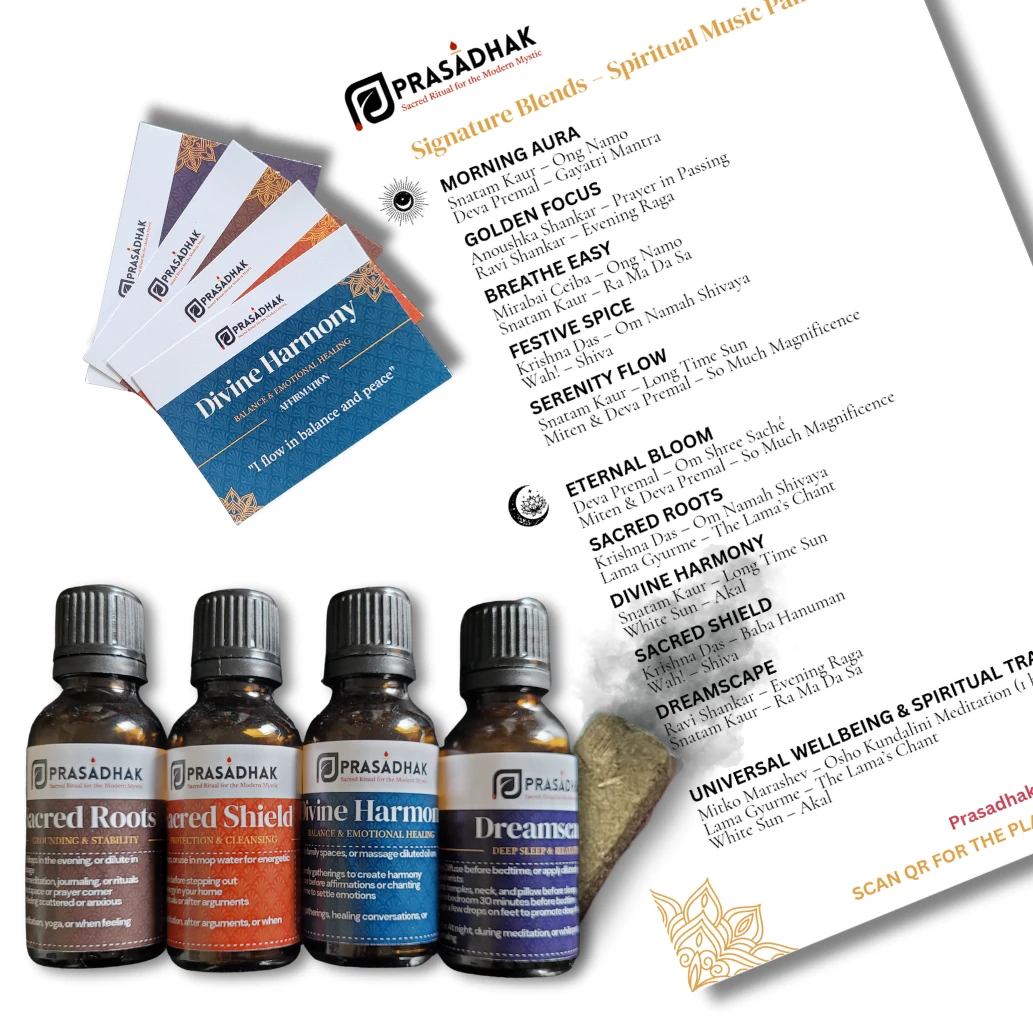 Four amber dropper bottles Sacred Roots Sacred Shield Divine Harmony Dreams; blue Divine Harmony booklet; ritual sheet