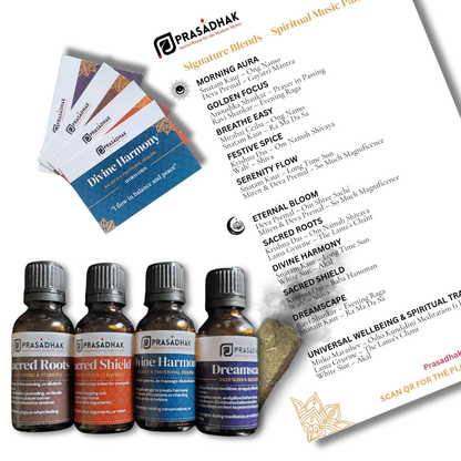 Four amber dropper bottles Sacred Roots Sacred Shield Divine Harmony Dreams; blue Divine Harmony booklet; ritual sheet