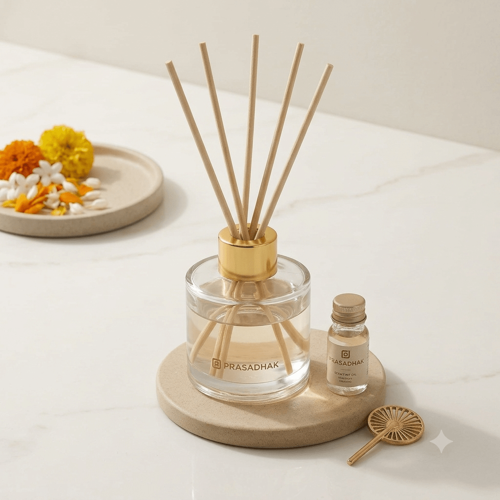 Glass reed diffuser styled on a tray beside an oil bottle and decorative accessory, not included