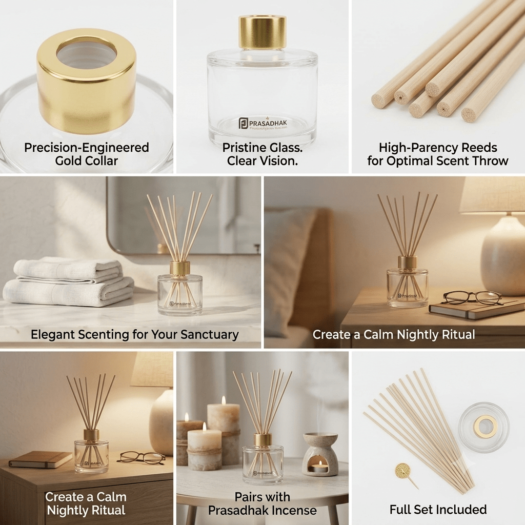 Details of the glass reed diffuser, gold-tone cap and reed sticks with home styling examples