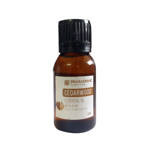 Prasadhak Cedarwood Essential Oil bottle - 100% pure oil for aromatherapy