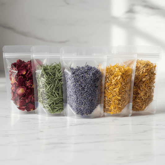 Five clear resealable stand-up pouches filled with dried botanicals