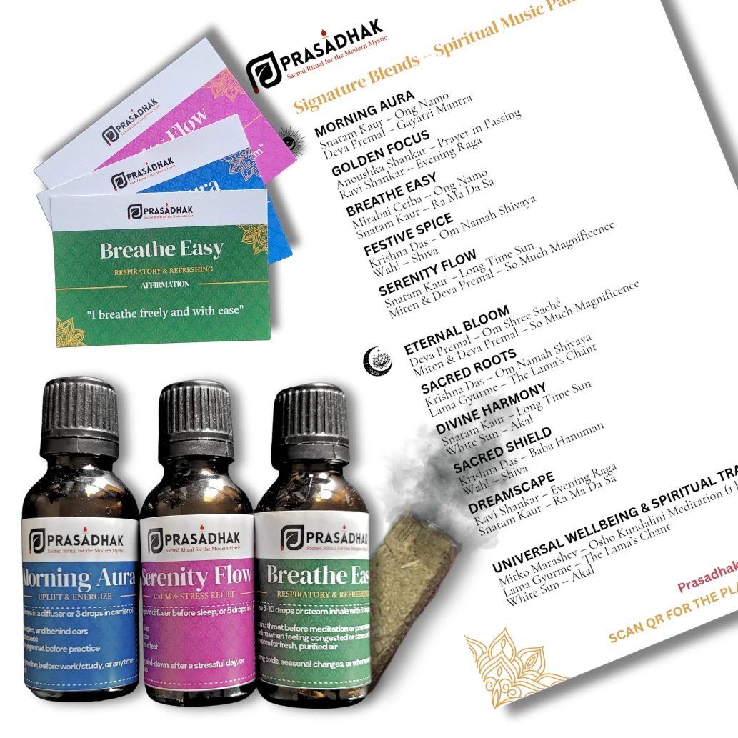 Three amber dropper bottles labeled Morning Aura, Serenity Flow, Breathe Easy; colorful cards and ritual sheet nearby.