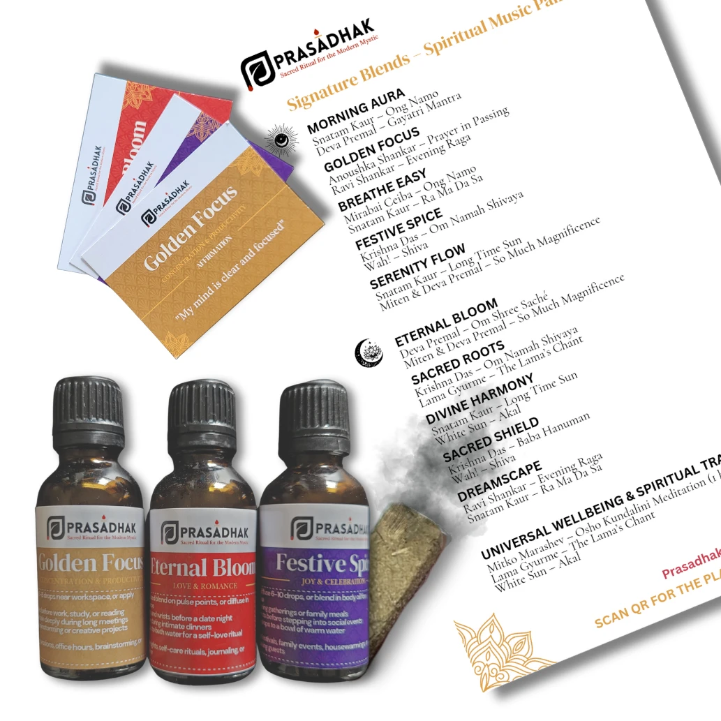 Three amber dropper bottles labeled Golden Focus, Eternal Bloom, Festive Spirit beside PRASADHAK branded cards.