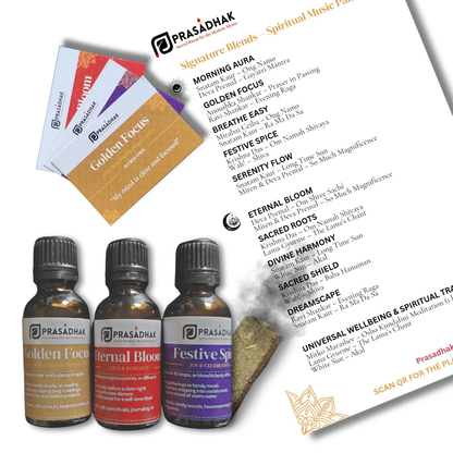 Three amber dropper bottles labeled Golden Focus, Eternal Bloom, Festive Spirit beside PRASADHAK branded cards.