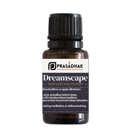 Prasadhak Dreamscape Essential Oil Blend bottle - lavender, cedarwood, frankincense, ylang ylang