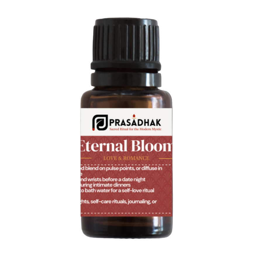 Prasadhak Eternal Bloom Essential Oil Blend bottle - sage, geranium, ylang ylang, lavender