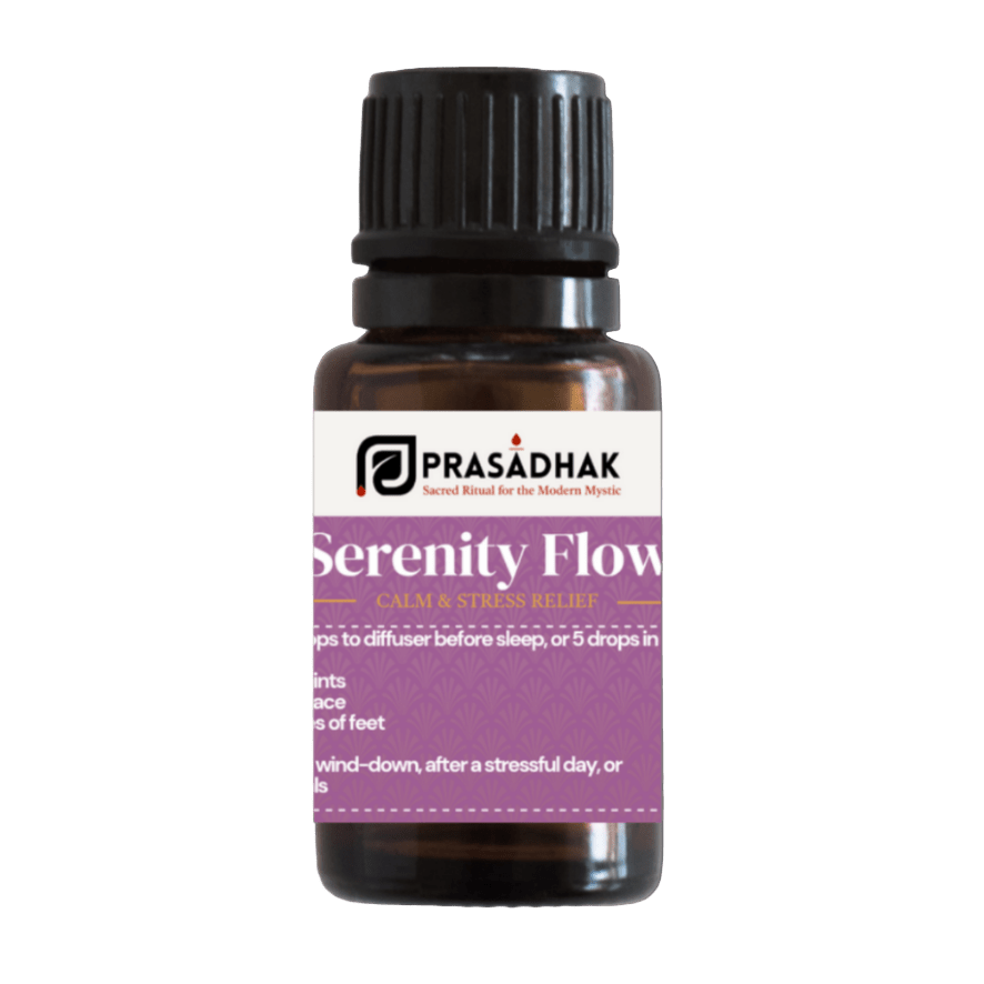 Prasadhak Serenity Flow Essential Oil Blend bottle - lavender, geranium, orange, ylang ylang