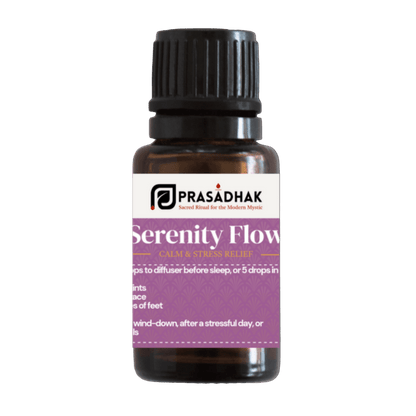 Prasadhak Serenity Flow Essential Oil Blend bottle - lavender, geranium, orange, ylang ylang