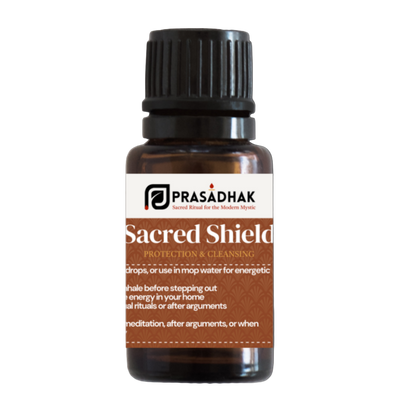 Prasadhak Sacred Shield Essential Oil Blend bottle - tea tree, eucalyptus, lemon, cedarwood