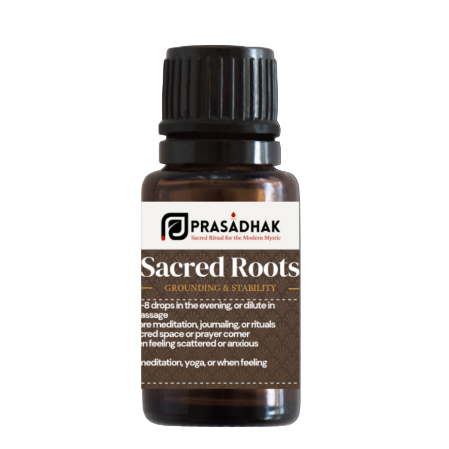 Prasadhak Sacred Roots Essential Oil Blend bottle - cedarwood, frankincense, sage, lemongrass