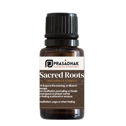 Prasadhak Sacred Roots Essential Oil Blend bottle - cedarwood, frankincense, sage, lemongrass