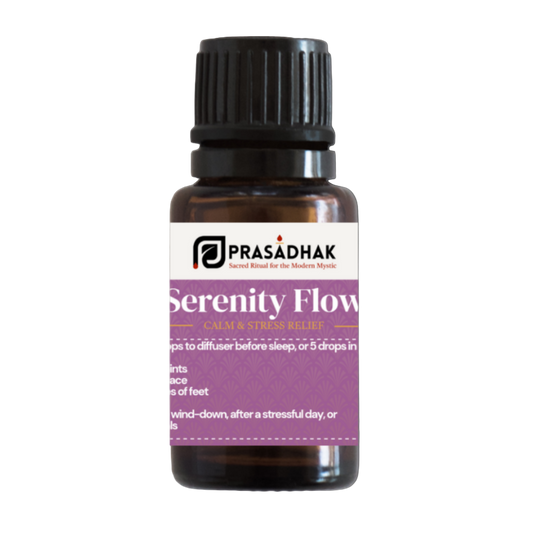 Prasadhak Serenity Flow essential oil bottle on a white background
