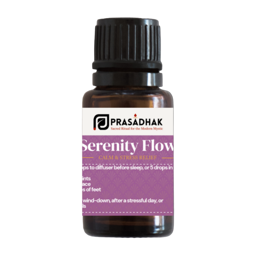 Prasadhak Serenity Flow Essential Oil Blend bottle - lavender, geranium, orange, ylang ylang