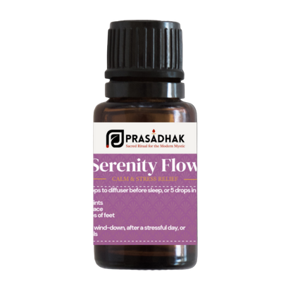 Prasadhak Serenity Flow Essential Oil Blend bottle - lavender, geranium, orange, ylang ylang