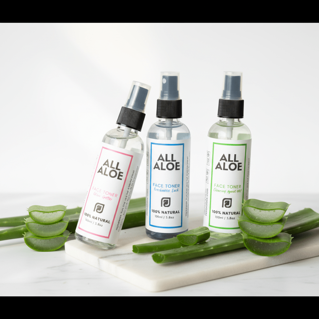 Three small spray bottles of face toner labeled ALL ALOE are arranged on a white marble board with sliced aloe vera leaves around them on a light background.