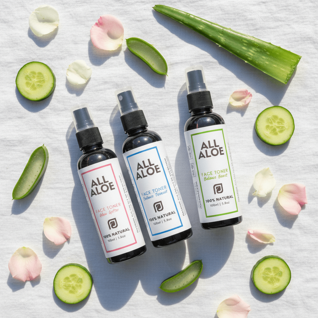 Three small spray bottles of face toner arranged on a white fabric background with sliced cucumbers, aloe vera slices, and pink flower petals. The bottles are labeled prasadhak ALL ALOE, with one pink label, one blue label, and one green label.