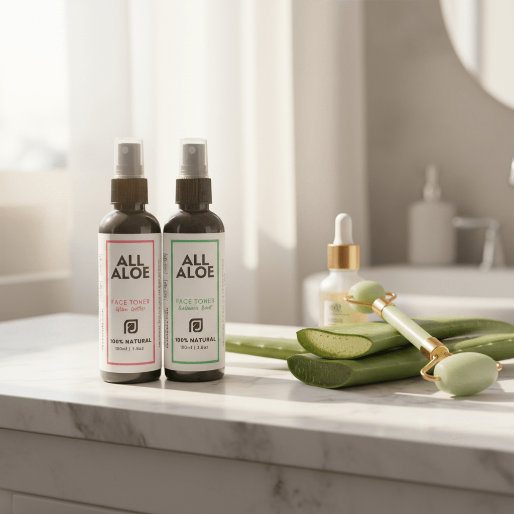 Two prasadhak All Aloe Face Toner bottles on a marble bathroom counter, styled with aloe vera slices, a dropper bottle, and a jade roller in a bright, modern bathroom setting.