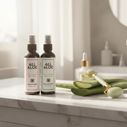 Two prasadhak All Aloe Face Toner bottles on a marble bathroom counter, styled with aloe vera slices, a dropper bottle, and a jade roller in a bright, modern bathroom setting.