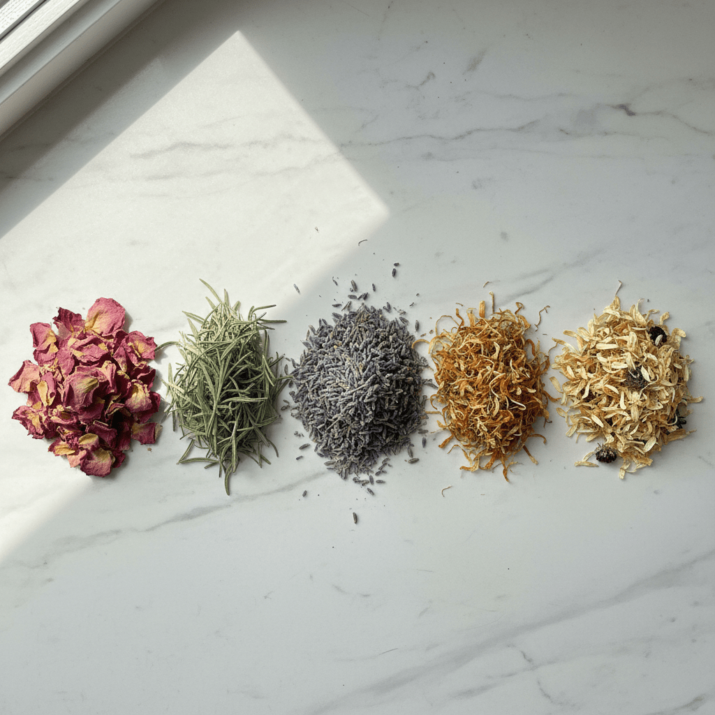 pink dried rose petals, green dried leaves, lavender buds, orange dried flower pieces, and pale yellow dried flowers.