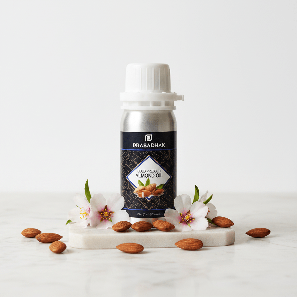 A bottle of Prasadhak Cold pressed Almond Oil stands on a white marble slab with scattered almonds and pink blossoms on a clean white background.