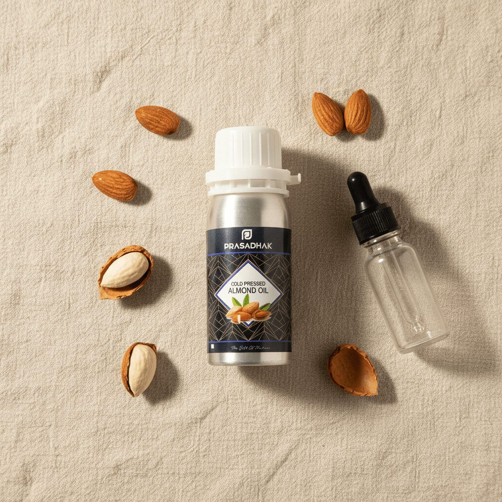 A bottle of Prasadhak Cold-Pressed Almond Oil is displayed on a textured beige linen background, surrounded by whole and halved almonds. A small, clear glass dropper bottle with a black cap lies to the right of the main product bottle.