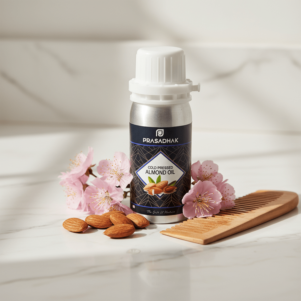 A bottle of Prasadhak Cold Pressed Almond Oil stands on a light marble surface, styled with pink blossoms, almonds, and a wooden comb.