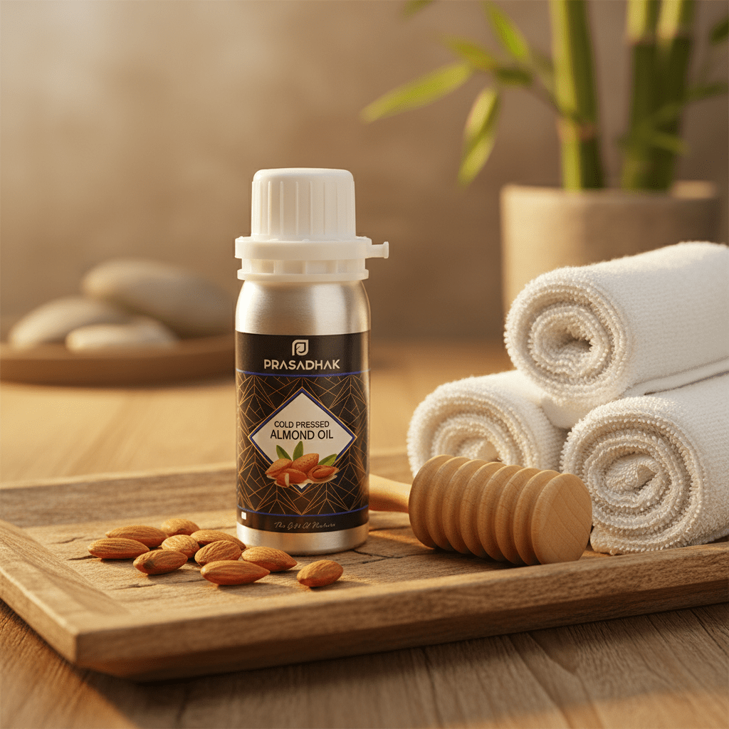 A bottle of Prasadhak Almond Oil stands on a wooden tray with almonds, a wooden honey dipper, and rolled white towels in a warm spa-like setting.