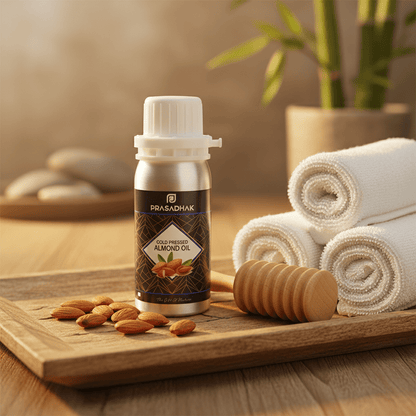 A bottle of Prasadhak Almond Oil stands on a wooden tray with almonds, a wooden honey dipper, and rolled white towels in a warm spa-like setting.