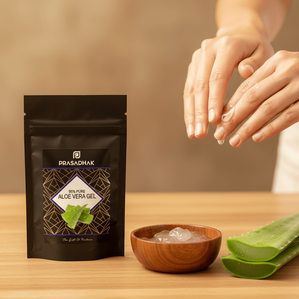 A black stand-up pouch of Prasadhak Aloe Vera Gel sits on a wooden table beside a small wooden bowl of gel and aloe leaves, with a person's hands above applying the gel.