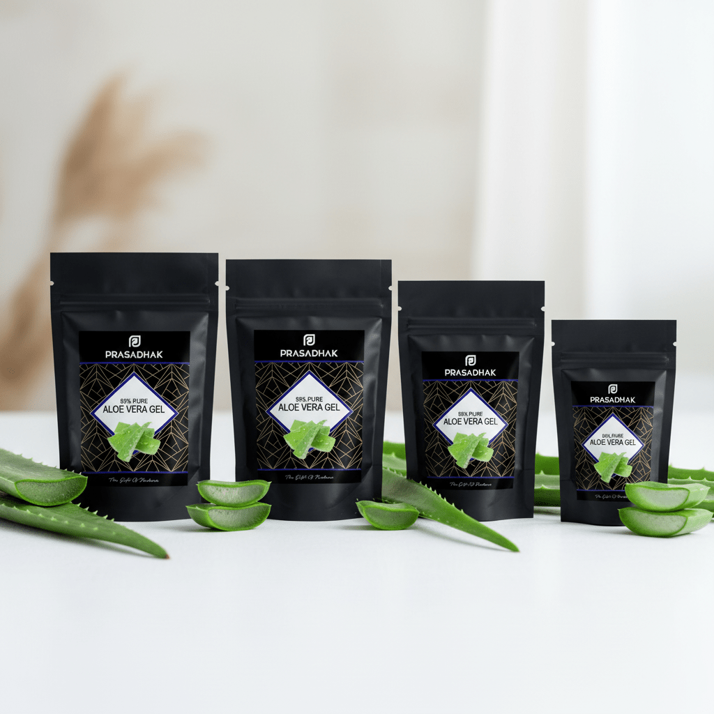 Four black stand-up pouches of Prasadhak Aloe Vera products arranged on a white surface with sliced aloe vera leaves around them. The pouches are labeled with the Prasadhak brand and different aloe vera gel/oil variants.