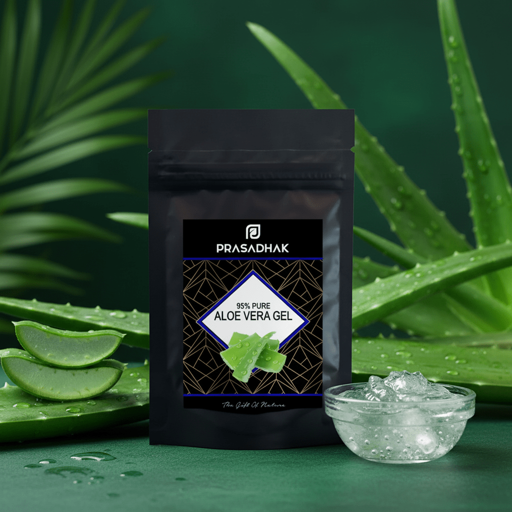 A black stand-up pouch of Prasadhak Aloe Vera Gel is centered on a green surface, surrounded by aloe leaves and a small glass bowl of gel crystals. The pouch label reads 'PRASADHAK 99% PURE ALOE VERA GEL'.