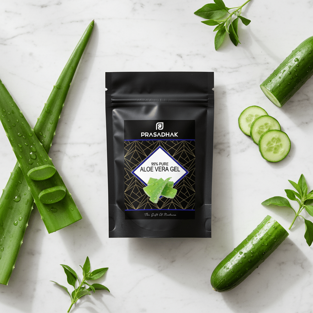 A black stand-up pouch of Prasadhak Aloe Vera Gel is centered on a white marble surface, surrounded by sliced aloe vera, cucumber slices, cucumber halves, and small green herb leaves.