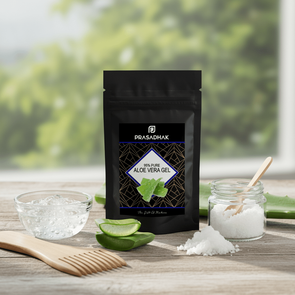 A black stand-up pouch of Prasadhak Aloe Vera Gel sits on a wooden surface with a blurred green outdoor background. Surrounding the pouch are a glass bowl of gel, aloe vera slices, a small jar of white powder with a wooden spoon, and a wooden comb.