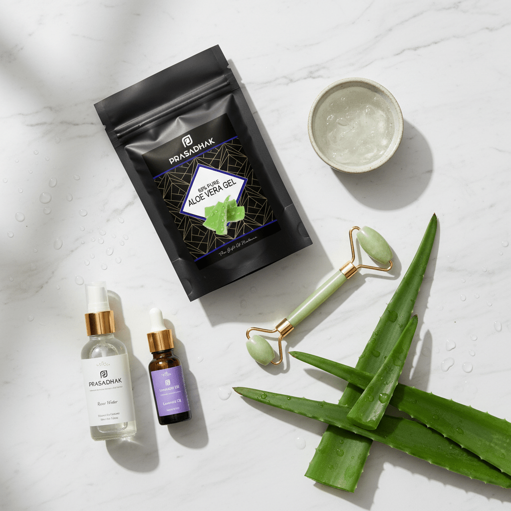 A flat-lay of Prasadhak skincare products on a white marble background with water droplets, including a black pouch of Aloe Vera Gel, a bottle of Aloe Water, a small amber bottle, a jade roller, and fresh aloe vera leaves. A small bowl of clear gel is also present.
